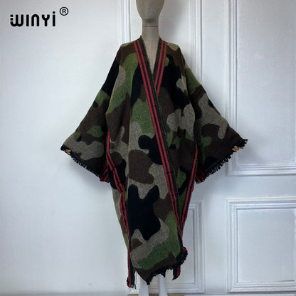 WINYI camouflage colour African women winter kimono long sleeve OverCoat abaya dubai luxury Open Front Long Cardigan party dress