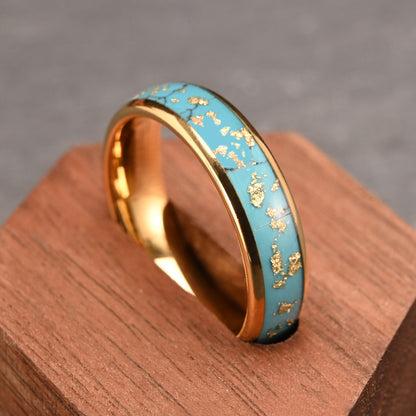 Anel de Tungstênio com Inlay de Turquesa e Folha Dourada Quebrada 6MM Aliança Banhada a Ouro para Homem Mulher Joia Design de Luxo Presentes