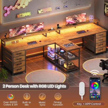 94.5" 2 Person Gaming Desk, Long Office Computer Desk with 8 Drawers & LED Lights, Two Person Desk with Storage, Power St