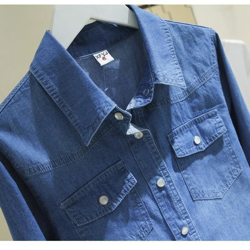 Women Blouse Denim Long Sleeve Spring Clothes Blue Lapel Shirt Blusas Mujer De Moda
