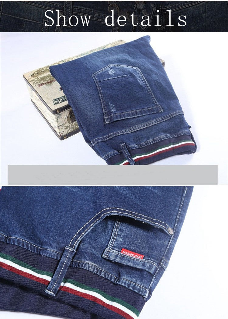 Autumn plus size casual jeans fashion men's pocket elastic waist straight plus size high elastic jeans.