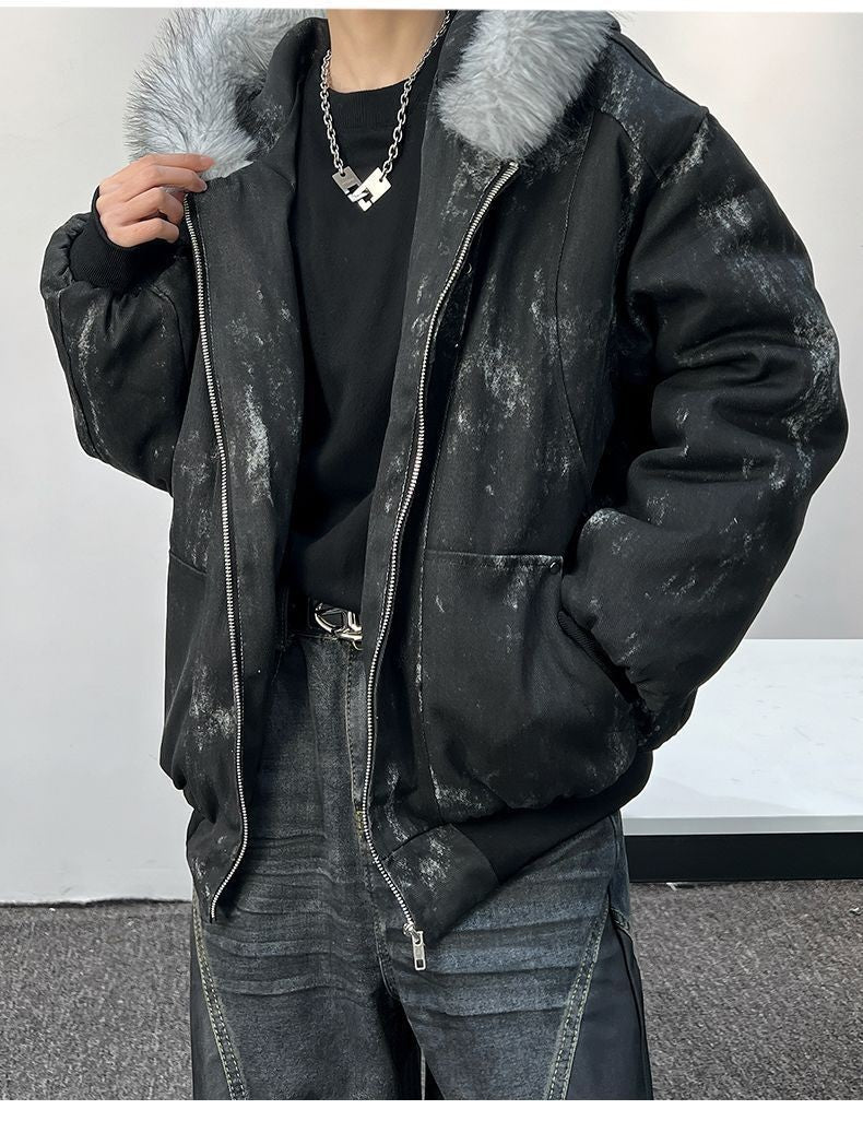 Cotton jacket with fur collar eagle embroidered and tie-dyeed winter men's design outdoor jacket thick and comfortable