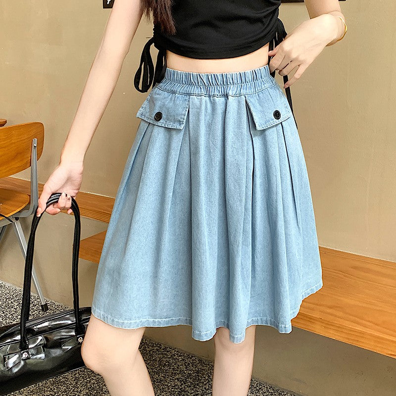 Casual Summer Plus Size Midi Denim Skirts Woman Preppy Loose A-line Ruffles Skirt With Shorts Elastic Waist Jeans Skirts Women