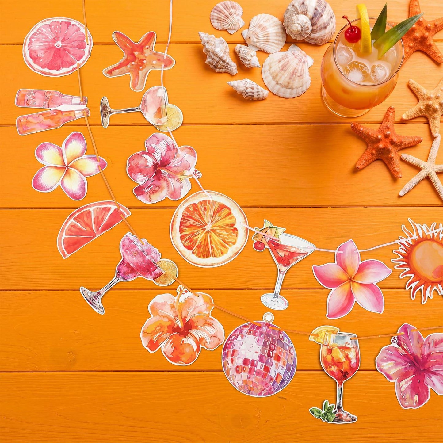 Orange Hawaiian Luau Flowers Lemon Citrus Garland Banner Tropical Aperol Spritz Cocktail Beach Bar Honeycomb ornament Decor