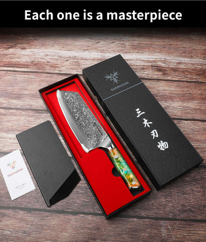 Conjunto de facas de cozinha SANMUZUO 2 peças - Série Xuan - Faca de Chef e Faca Nakiri em Aço Damasco VG10, Melhor Presente para Chefs - Cabo de Resina