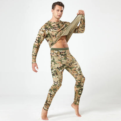 Men's Winter Thermal Fleece Tracksuit for Outdoor Training Quick Dry Camouflage Tactical Uniforms Slim Fit Running Underwear Set