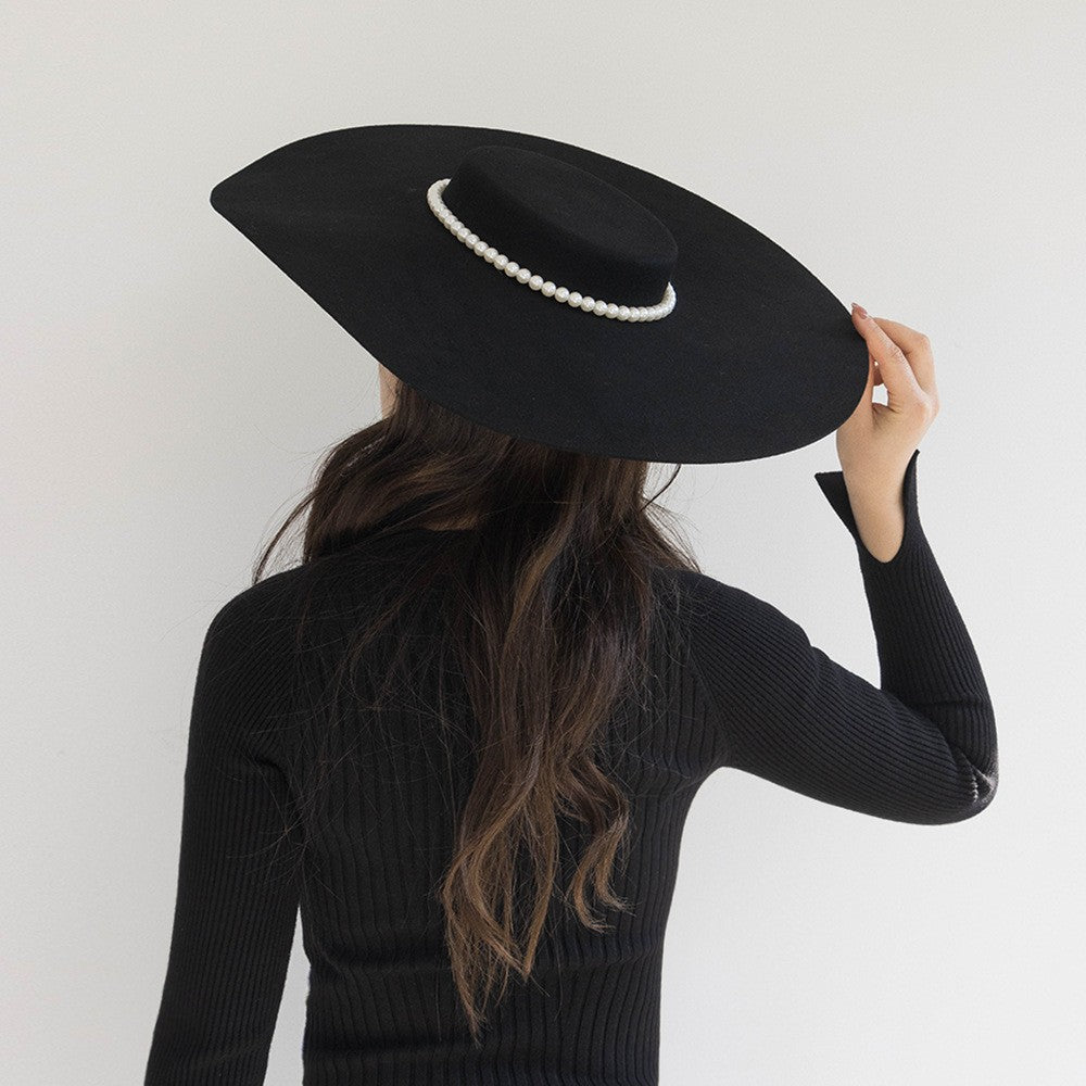 Chapéu de feltro de lã de 4cm de altura, aba grande de 15cm, chapéu fedora de copa rasa para homens e mulheres, chapéu de aba grande novo.