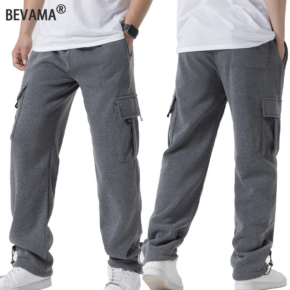 Calças de Moletom Masculinas Reta Casual Outono Inverno Calças Masculinas de Corrida Jogger Esportivas para Academia Calças Lisas com Vários Bolsos