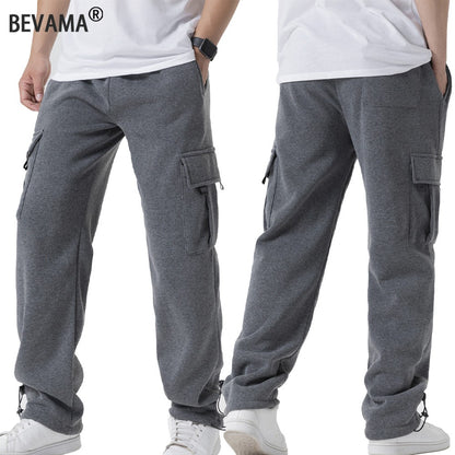 Calças de Moletom Masculinas Reta Casual Outono Inverno Calças Masculinas de Corrida Jogger Esportivas para Academia Calças Lisas com Vários Bolsos