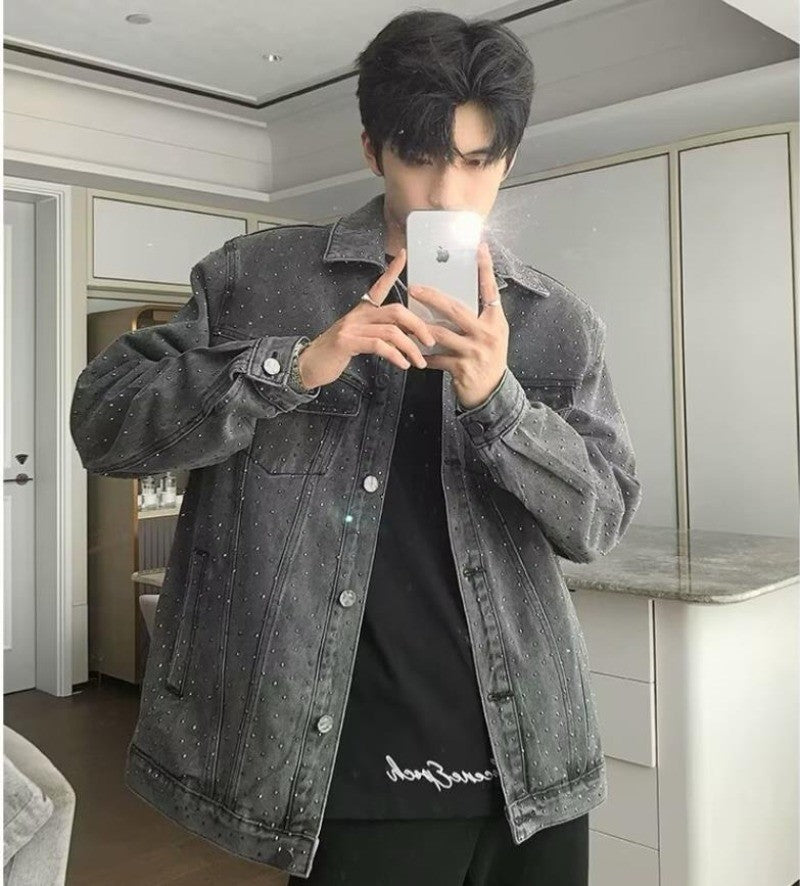 American Trendy Denim Jacket Mens Make Old Flash Diamond Fashion Outwear Spring Single-breasted Street Couple Cowboy Coats