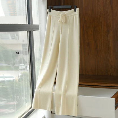 High Waist Wide Leg Pants Mid-Seam Knitted Trousers Drawstring Waist Belted Floor-Length Pure Color Versatile Autumn Winter Casu