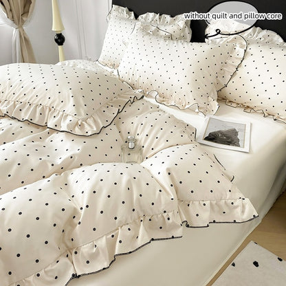 Conjunto de capa de edredom coreana de renda 3 peças (1*Capa de Edredom + 2*Fronhas, Sem enchimento), Conjunto de cama com estampa de bolinhas pretas