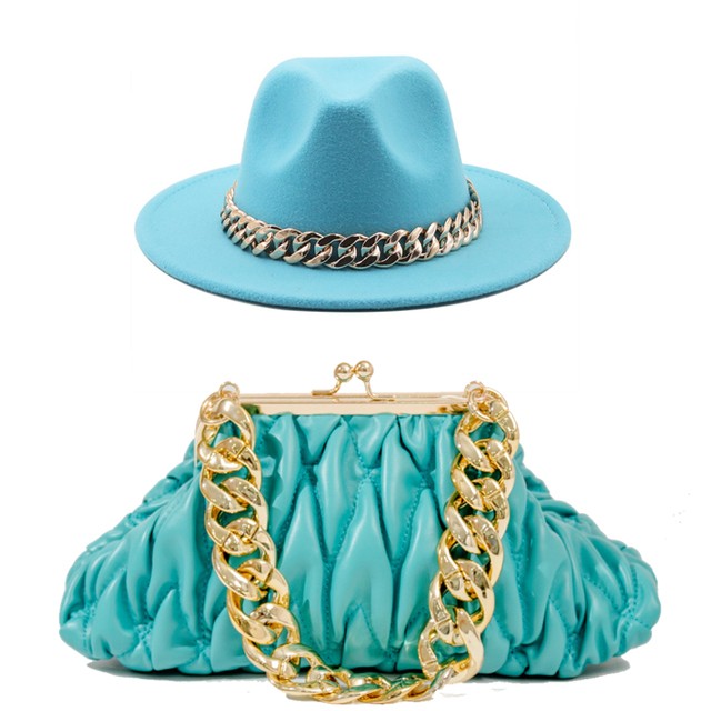 Set Straw Hat and Bag Set Gold Chain Bag Hat Set Ladies Leather Bag Tote Church Fedora Party Jazz Straw Hat