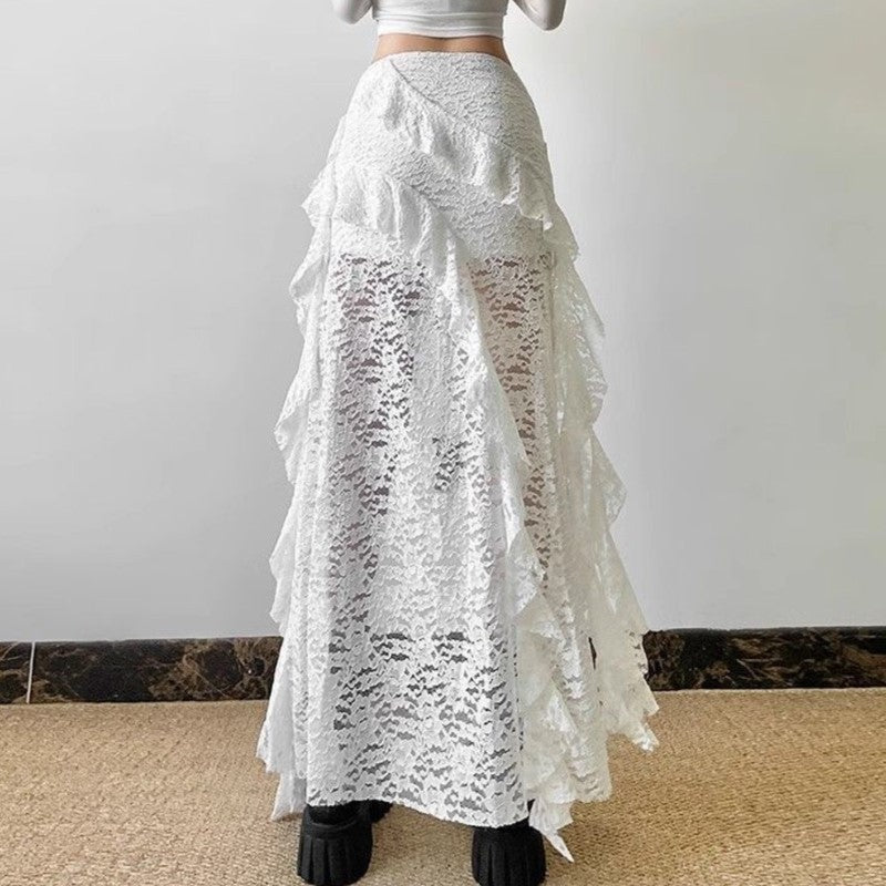 Gothic Skirt 2000s Summer Women's Clothes Gyaru Kpop Streetwear Lace High waist Casual Aesthetic Long Skrit Femme Hip hop Skirts