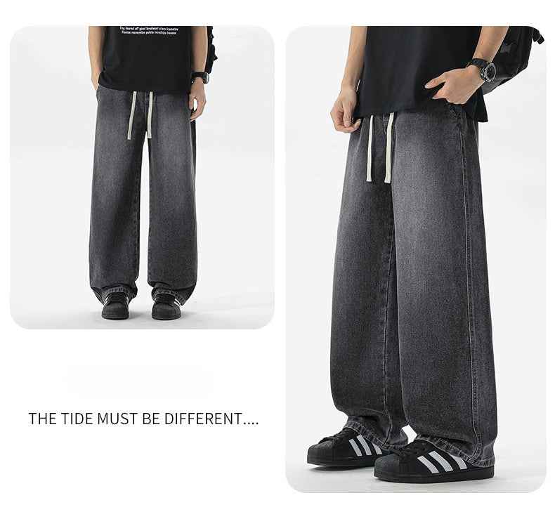 Calça Jeans Masculina Americana Solta Perna Larga Reta Casual Street Hip-hop Folgada Jeans Preto Cinza Azul Streetwear Masculino