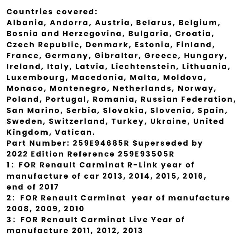 The European version of the GPS SD card works with Renault Cars R-Link 11.05 259E94685R  GPS Maps Satellite Navigation SD