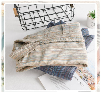 6158 Spring Fashion Japan Style Vintage Stripe Simple Cargo Shirt for Men Good Quality Cotton Long Sleeve Slim Fit Casual Blouse