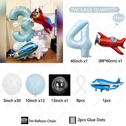 56Pcs Airplane Themed Blue Digital Balloon Set 1-9 Birthday Party Decoration baby Shower Globos Gift Shooting Props