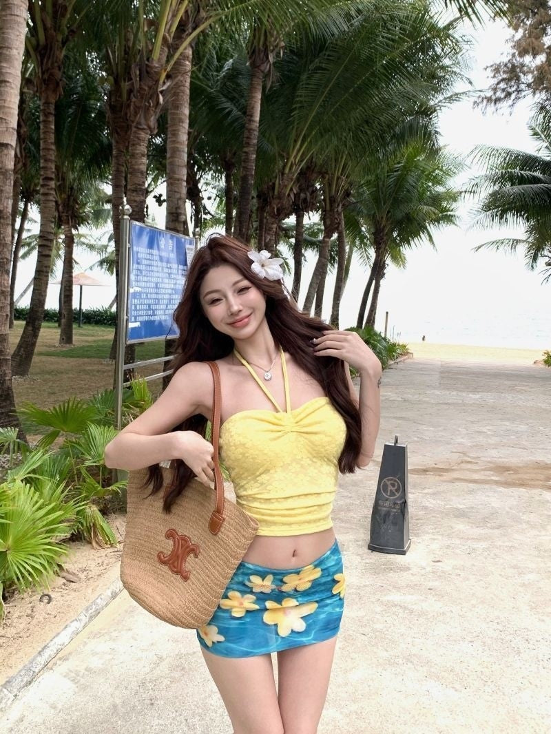 French Drawstring Blue Floral Tube Top Women Separate Swimwear Set Coastal Summer Vacation Beach Holiday Swimsuit for Girl