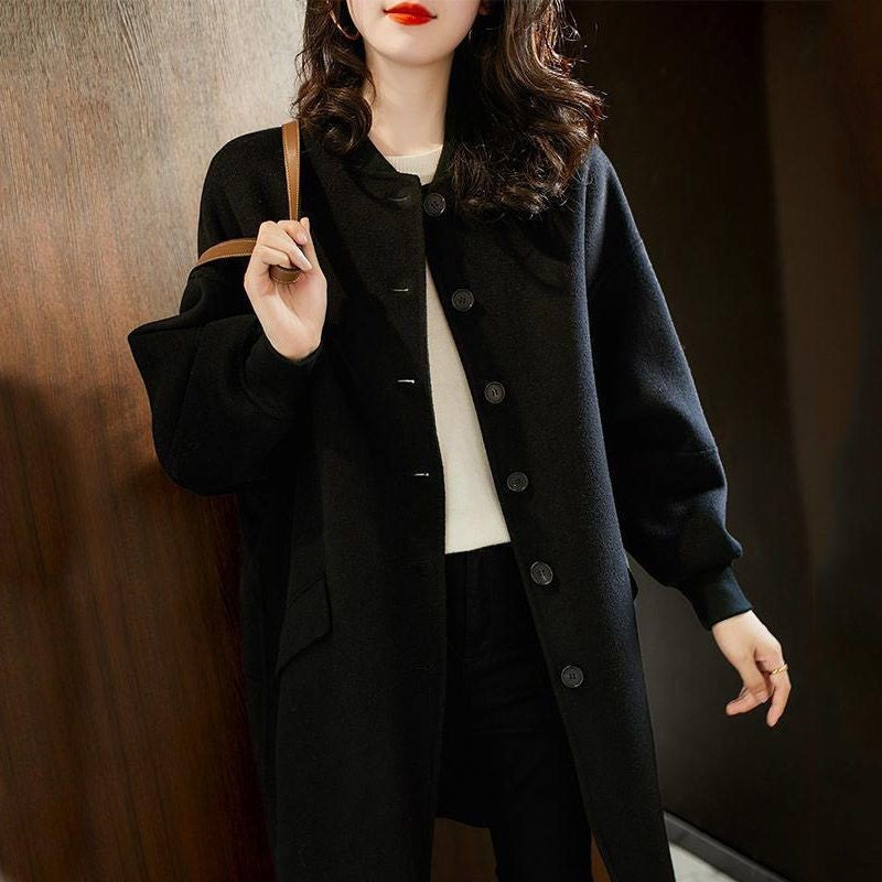 Women's Black Wool Coat 2025 Autumn New Fashion Long Slim Fit Casual Versatile Overcoat