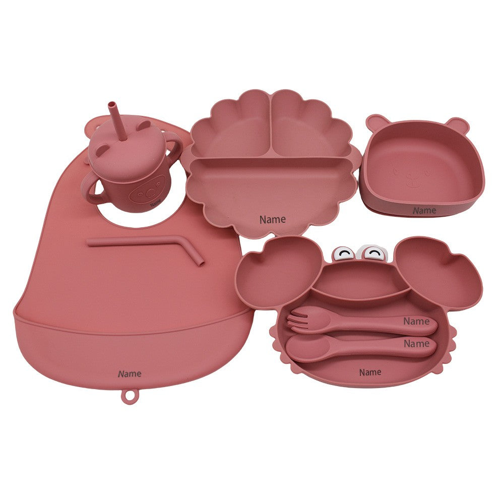 Free Name Printing Children's Tableware Set: Bib, Plate, Cup, Fork & Spoon. Silicone Material. Personalized Gift.