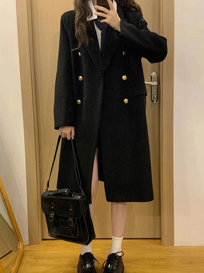 Jk Uniform Wool Coat Women Fashion Japanese Preppy Elegant Badge Black Midi Outwear Autumn Winter Sweet Long Sleeve Quilted Tops