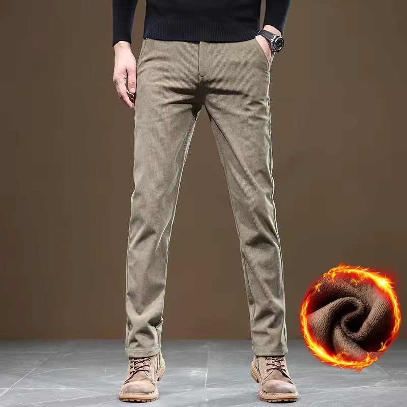 New Fleece Pants Men Casual Work Business Trousers Winter Corduroy Straight Slim Pants Outdoor Streetwear Thick Warm Sweatpants