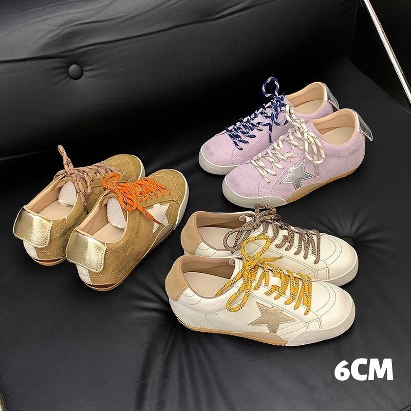 6cm de Elevação Interna Cadarços de Pato Mandarim Estrela Sapatos Sujos Femininos Vintage Sola Grossa Versátil Tênis Casual
