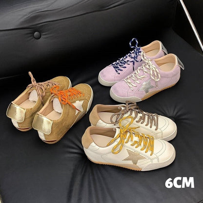 6cm de Elevação Interna Cadarços de Pato Mandarim Estrela Sapatos Sujos Femininos Vintage Sola Grossa Versátil Tênis Casual