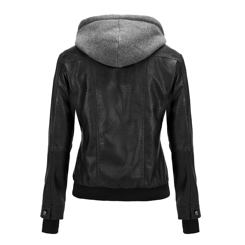 Autumn and Winter Women's Motorcycle Leather Jacket Short Hooded Detachable Hood Jacket Slim Fit Plus Suede Leather Jacket Women
