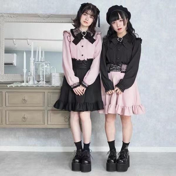 Japanese Gothic Lolita Ribbon Short Suspender plaid Skirt Girls Sweet Cute Lace A-Line Mini Skirts summer2025 black solid kawaii
