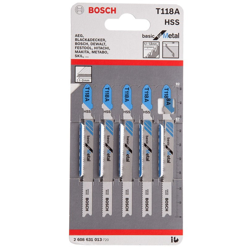 BOSCH 2608631013 T118A Serra Tico-Tico HSS para Metal, Curva, 5 Peças, 92mm, Corte Reto em Metal, Ferramenta Curva Fresada, Acessórios