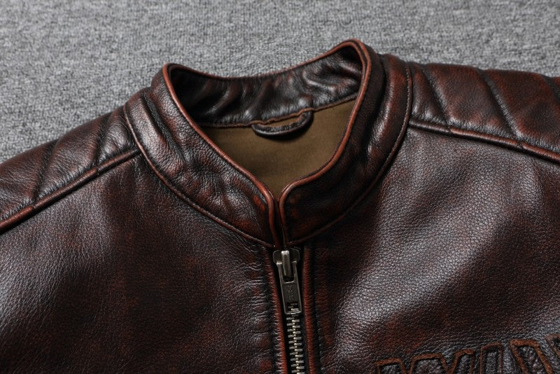 Fashionable Men's Motor Jacket Genuine Cow Leather Coat Male Outerwear Windbreaker Spring Autumn Cloth with Epaulet Brown