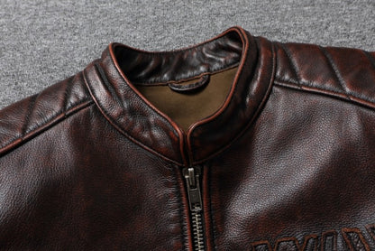 Fashionable Men's Motor Jacket Genuine Cow Leather Coat Male Outerwear Windbreaker Spring Autumn Cloth with Epaulet Brown