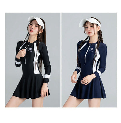 Black and White Color Matching One-piece Sports Small Chest Gathered To Cover The Belly Weight Swimming Sun Protection Swimsuit