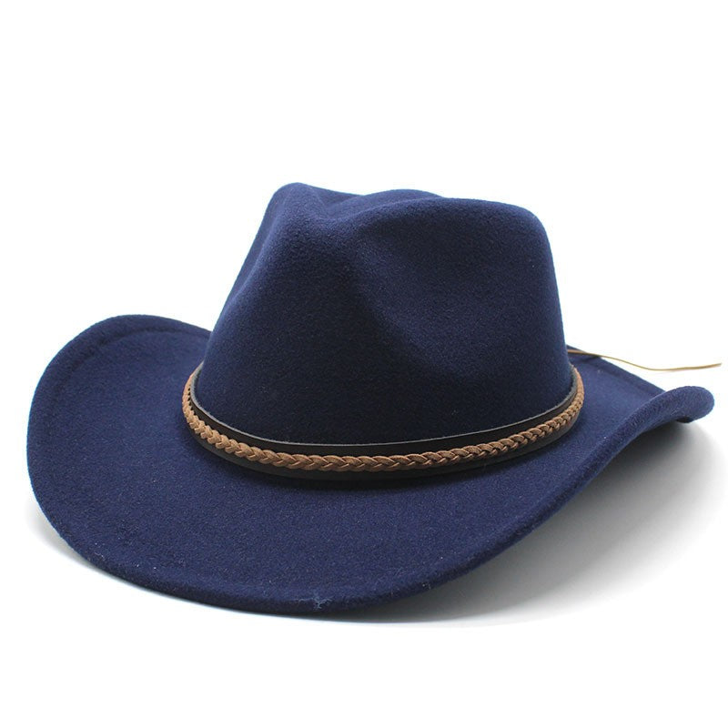 Winter Roll Up Brim Western Cowboy Hat With Leather Retro Gentleman Lady Jazz Cowgirl Cap Church Sombrero Caps