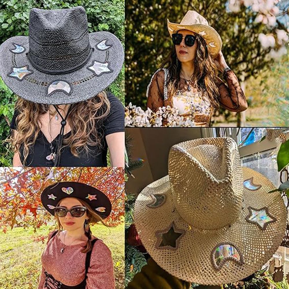 Suncatcher Cowgirl Straw Prism Hat Handwoven Straw Cap Cowboy Hat Wide Shapeable Brim Rainbow Hat Summer Beach Sun Hat for Women