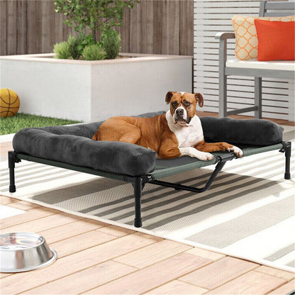 Cama de cachorro grande XXL XL para ambientes externos, elevada com esteira de resfriamento respirável e esteira de pelúcia macia, cama de acampamento para filhotes para casa e jardim