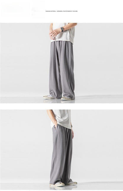 Summer Large Size Linen Cotton Wide Leg Pants Men Casual Comfortable Loose Fit Straight Leg Trousers Long Pants