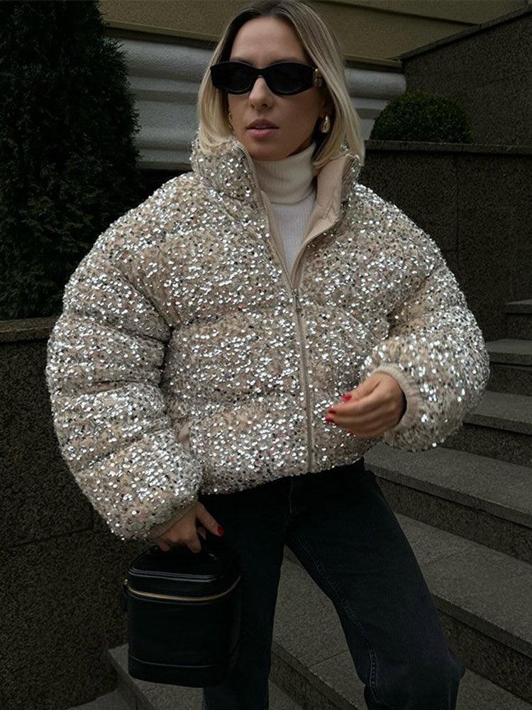 Sparkly Women's Sequin Puffer Jacket Oversize Cropped Stand Collar Zip-Up Party Coat Fashion High Street Female Winter Outerwear