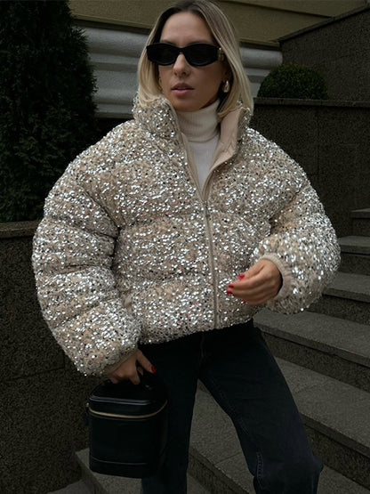 Sparkly Women's Sequin Puffer Jacket Oversize Cropped Stand Collar Zip-Up Party Coat Fashion High Street Female Winter Outerwear