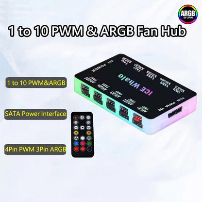 ICE Whale C10 1 to 10 PWM&ARGB Case Fan Hub Splitter 4Pin PWM 3Pin ARGB SATA Power Interface With Remote Control