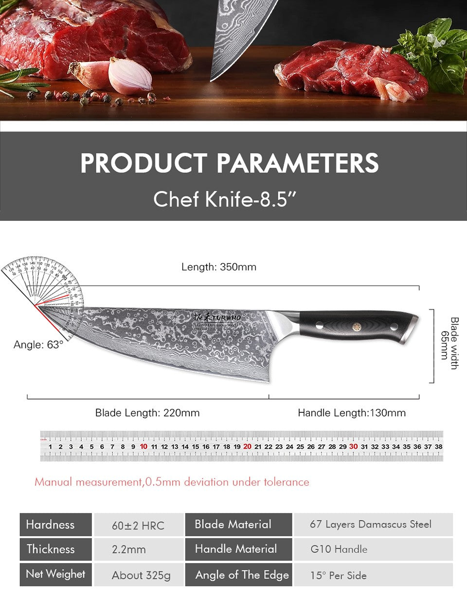 TURWHO 8.5" Kitchen Gyuto Knives 67 Layer Damascus Steel Professional Chef Knife Sharp Meat Cleaver Slicing Kitchenware Tools