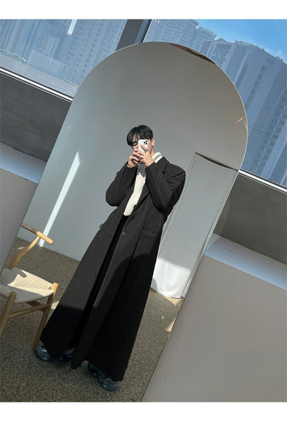 Mauroicardi Autumn Winter Extra Long Warm Black Loose Casual Wool Blends Coat Men Luxury Floor Length Overcoat Korean Fashion
