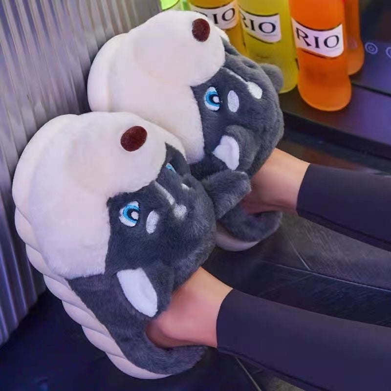 Men Indoor Cotton Slippers Cute Cartoon Dog Winter Warm Shoes Couples Home Floor Slides Anti-slip  Female Male House Footwear