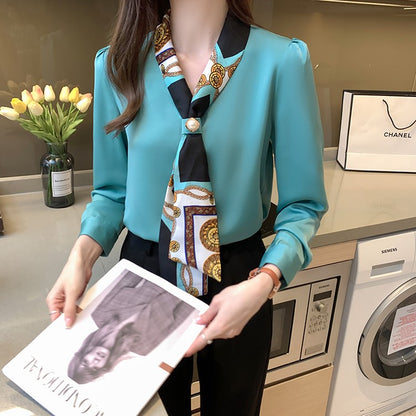 H Han Queen Spring Chiffon Simple Office Lady Blouse Female Shirt Bow Tops Long Sleeve Casual Korean OL Loose Blouses Women