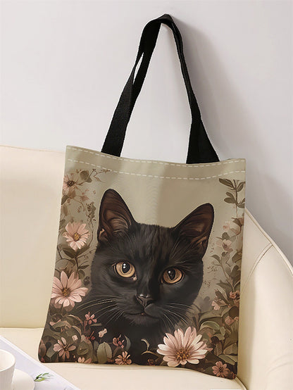 Black cat pattern printed casual handbag, reusable fashionable backpack, multifunctional handbag, canvas shopping bag