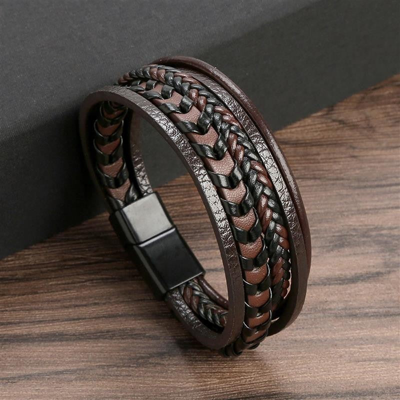 Moda Trançada Corda Tecida Camadas Couro Masculino Pulseiras Punk Metal Magnético Bracelete para Amigo Charme Joias Presentes
