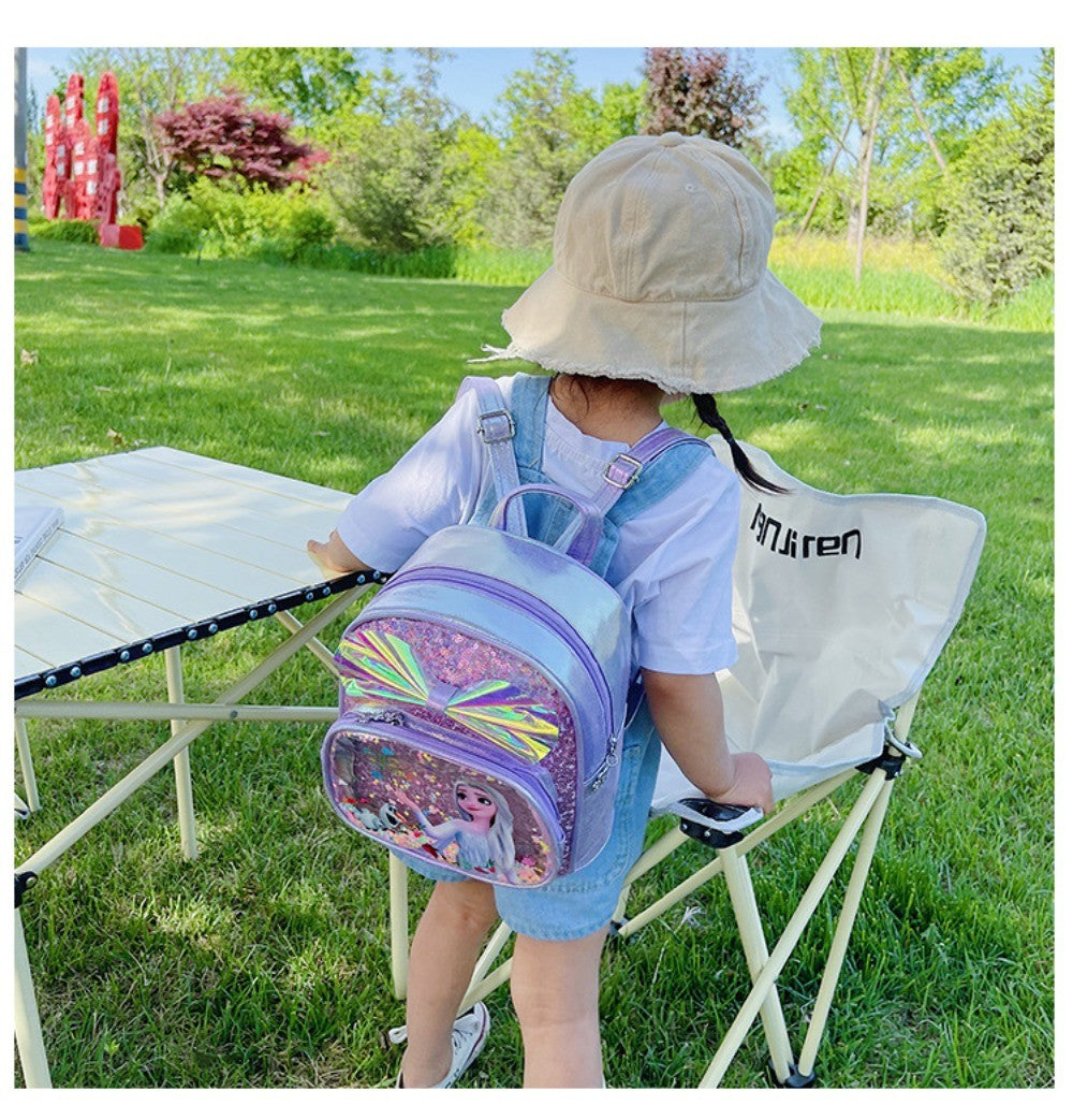 Mochila Mini de Glitter Princesa Elsa de Frozen da Disney, Linda com Laço de Lantejoulas, Bolsa Escolar de Jardim de Infância para Meninas, Desenho Animado Infantil, Mochila de Ombro Duplo