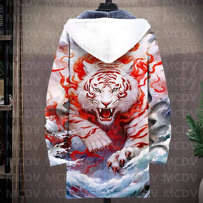 Men's Retro Print Plush Thick Long-Sleeved Coat Cardigan Tiger 3D Prined Fleece Hooded Overcoat Unisex Thick Warm Jacket